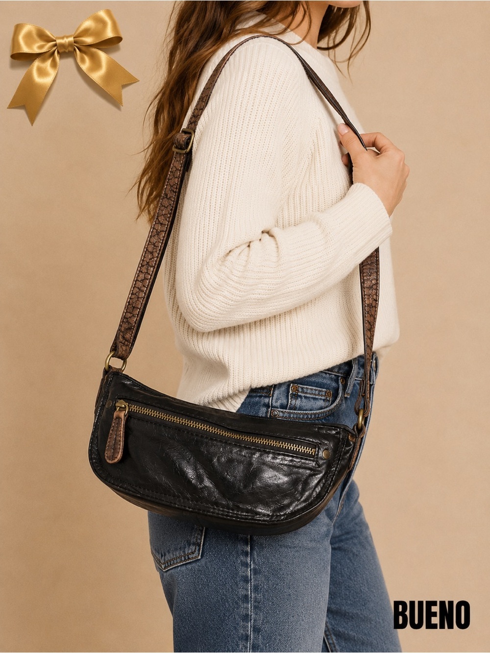 Bueno Black Leather Crossbody Bag Brown Strap Zip Pocket Soft Slouchy